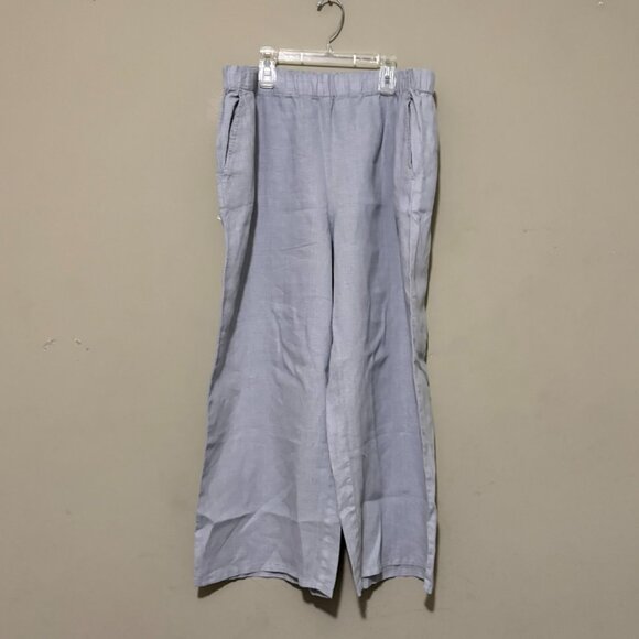 Eileen Fisher Large Light Gray Powdery Blue Organic Linen Wide-Leg Pants - Picture 2 of 7